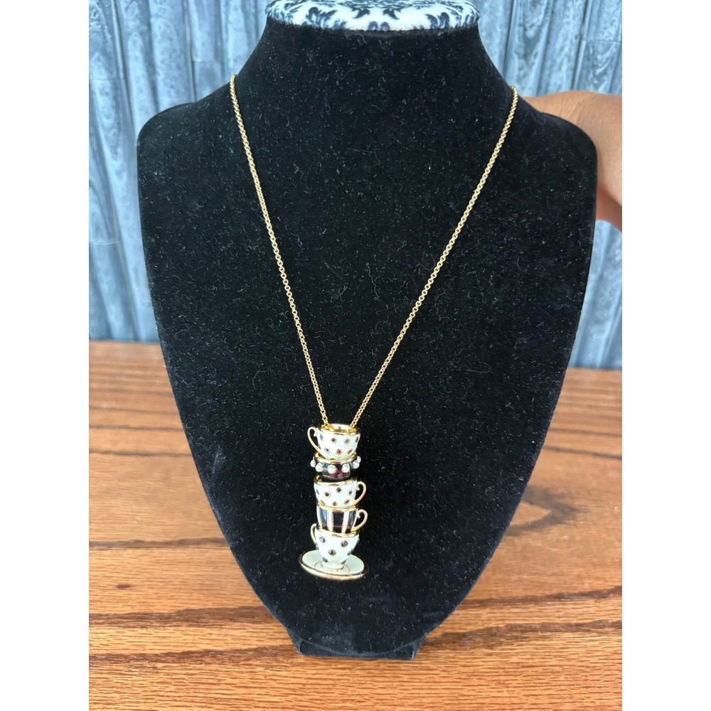 Kate Spade Alice in Wonderland Teacup Stack Pendant Necklace Gold Tone Enamel